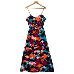 LOFT Maxi Dress Womens Petite 0P Multicolor Abstract Ruffle Sleeveless Summer